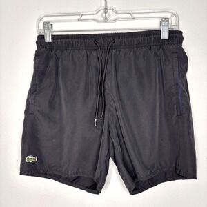 Lacoste Mens Black Swim Trunks Mesh Lined Logo Board Shorts Small 5 Inch Inseam